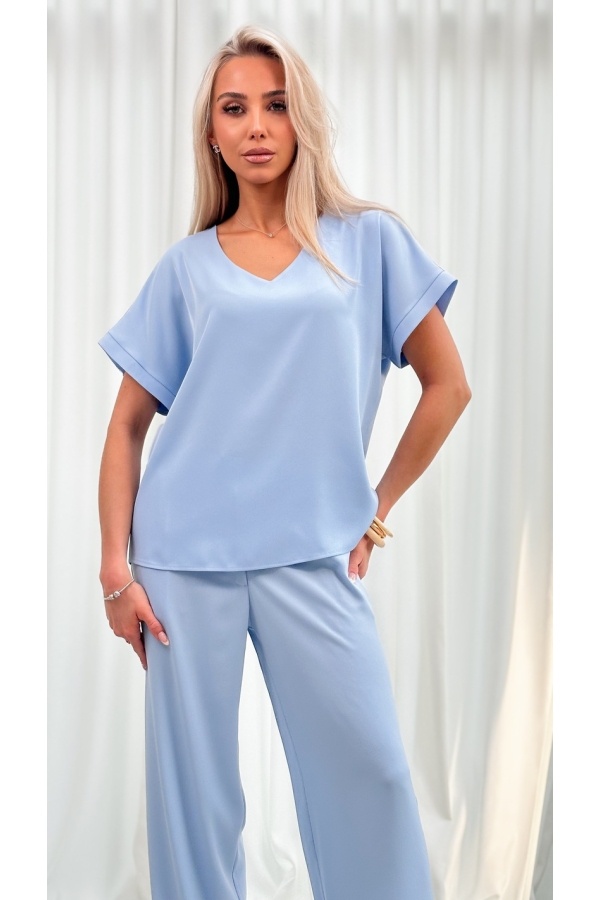 Bluzka Damska Elegancka V-neck Luźna Wizytowa Krótki Rękaw Premium - błękit