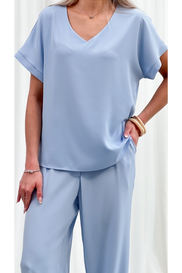 Bluzka Damska Elegancka V-neck Luźna Wizytowa Krótki Rękaw Premium - błękit