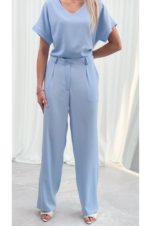 Spodnie Eleganckie Damskie Szerokie Wysoki Stan Garniturowe Premium - błękit