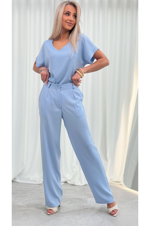 Spodnie Eleganckie Damskie Szerokie Wysoki Stan Garniturowe Premium - błękit