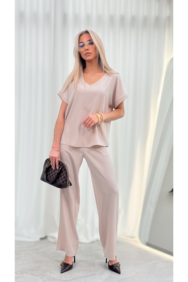 Bluzka Damska Elegancka V-neck Luźna Wizytowa Krótki Rękaw Premium - jasny beż