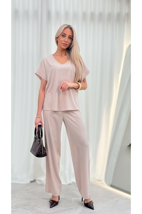 Spodnie Eleganckie Damskie Szerokie Wysoki Stan Garniturowe Premium - jasny beż