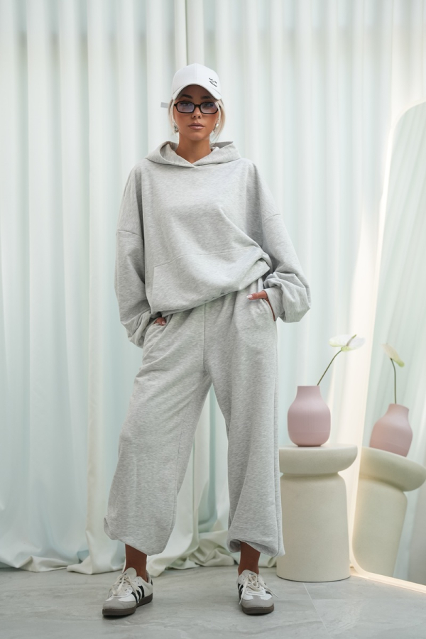Bluza dresowa damska z kapturem oversize szeroka bawełniana z pętelki viralowa szara