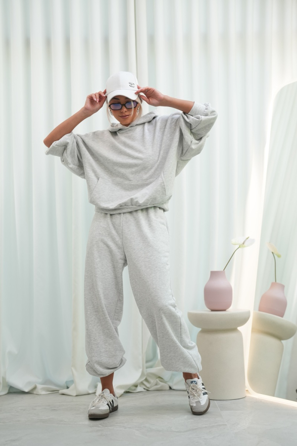 Bluza dresowa damska z kapturem oversize szeroka bawełniana z pętelki viralowa szara
