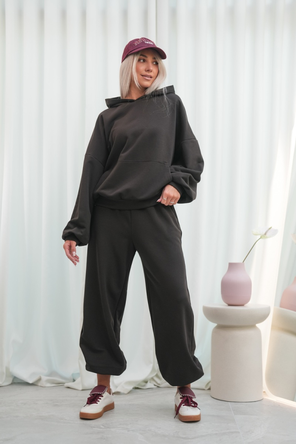 Bluza dresowa damska z kapturem oversize szeroka bawełniana z pętelki viralowa dark chocolate