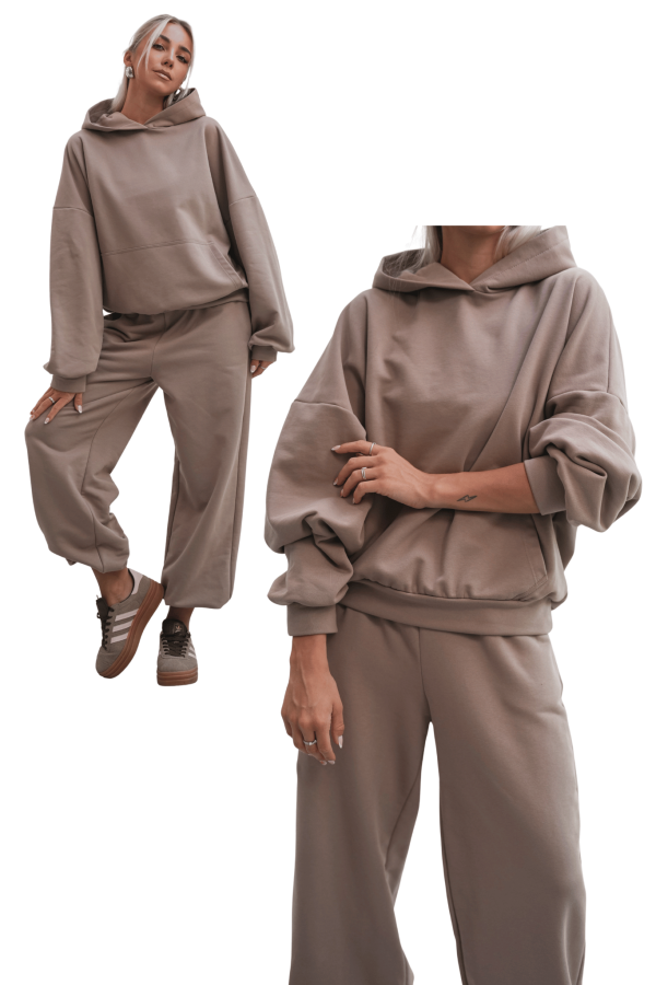 Bluza dresowa damska z kapturem oversize szeroka bawełniana z pętelki viralowa cappuccino